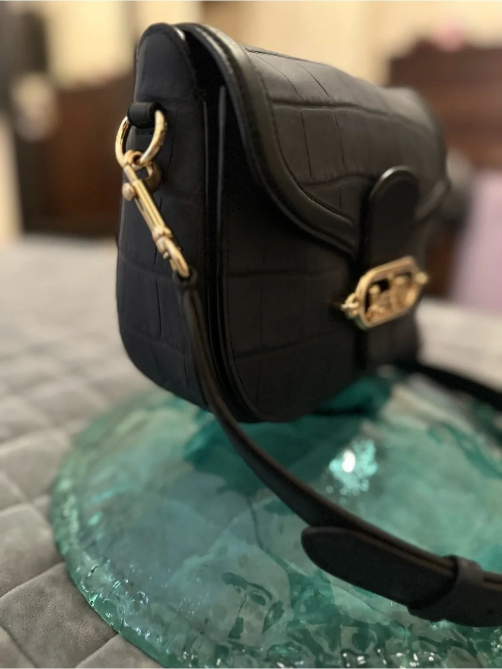 COACH Jade Saddle Bag Black Crocodile Embossed Leather Crossbody 91068